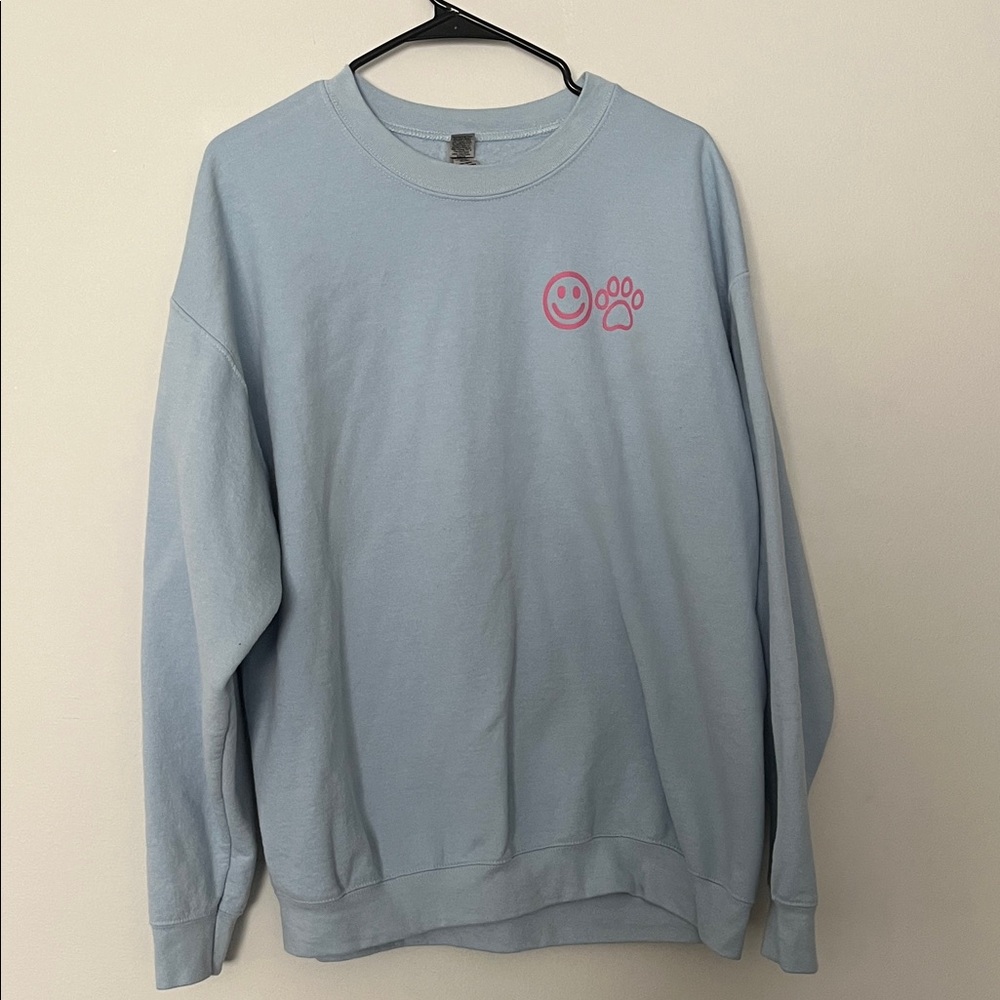Light Blue Sweatshirt with Pink Smiley and Paw Print Size XL‎
